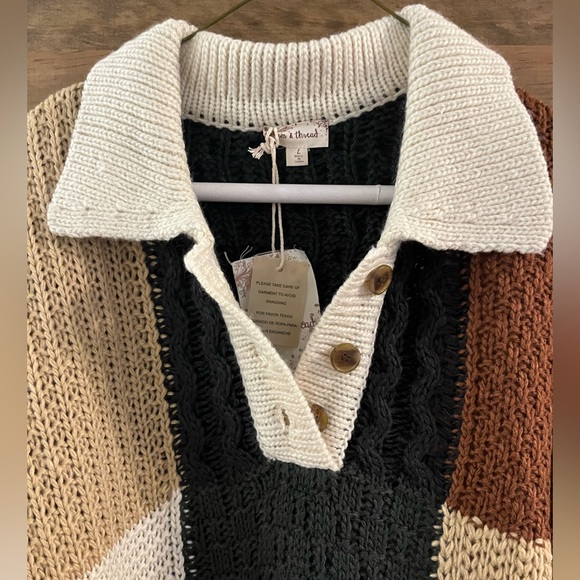 Patchwork Knit Sweater - Black, Brown, Cream, Green - Picture 2 of 4